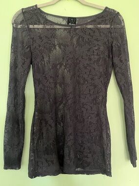 Charcoal Grey Lace Long Sleeve Sheer Top